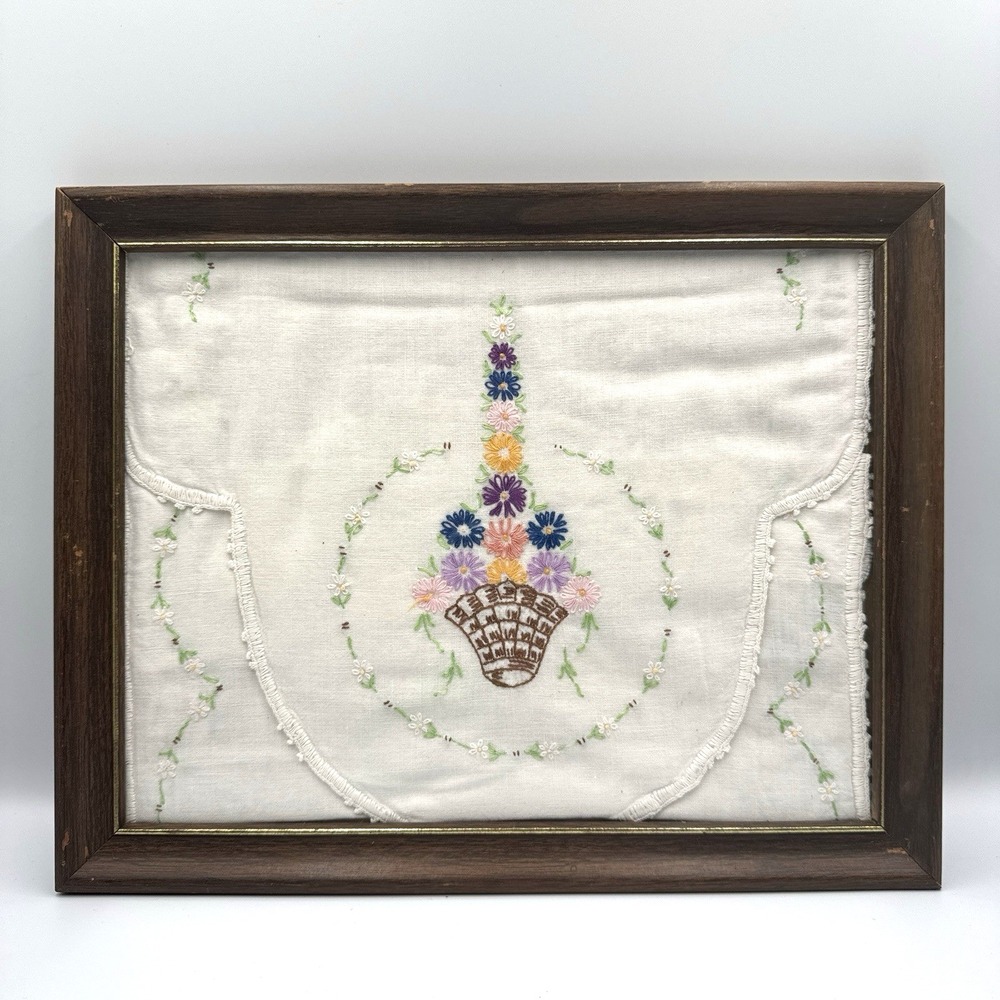 Vintage Embroidered Linen Framed Floral Basket Textile Folk Art 14.5x11.5